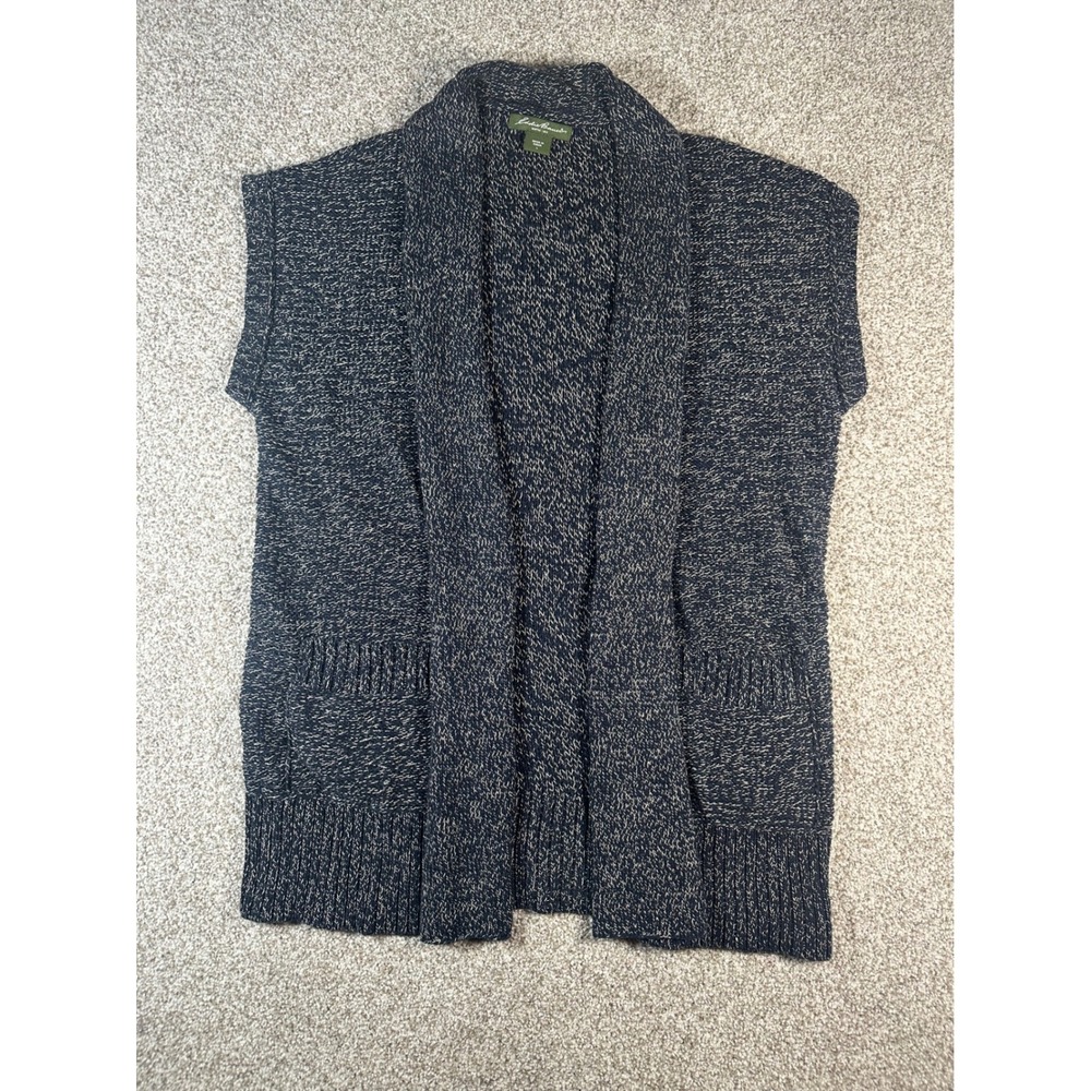 Eddie Bauer Womens Large Navy Blue Marled Knit Open Front Shawl Collar Vest